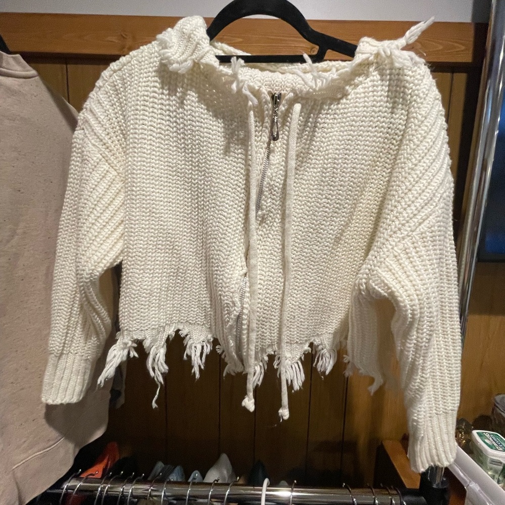 Off-White/Cream Distressed Knit, Cropped Zip Hoodie, Women's Size Small
